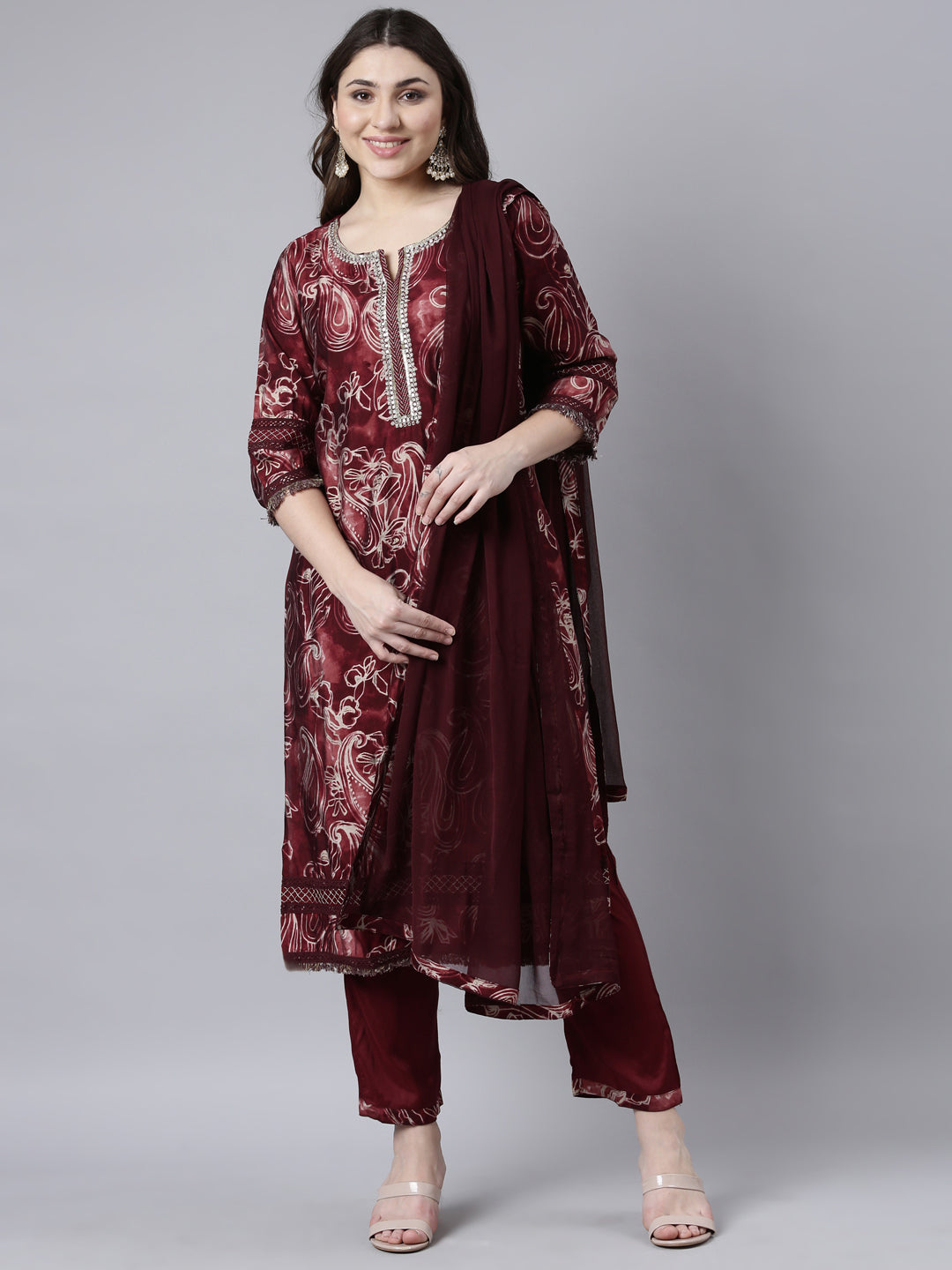 Neerus Maroon Regular Straight Paisley Kurta And Trousers With Dupatta