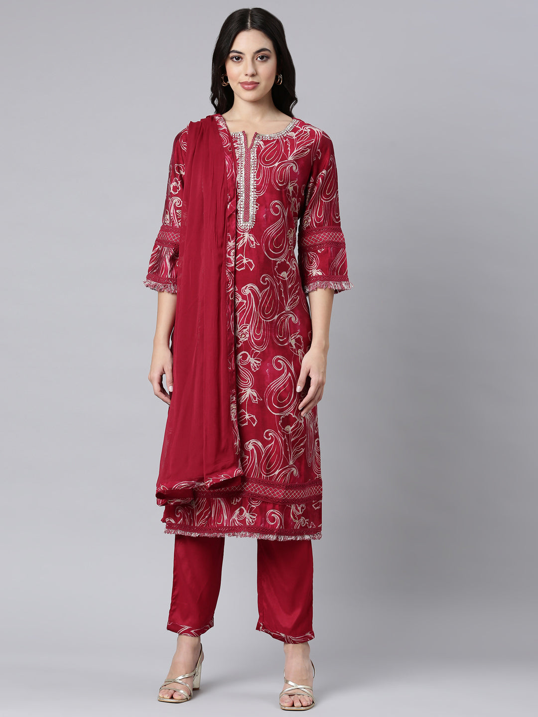 Neerus Pink Regular Straight Paisley Kurta And Trousers With Dupatta