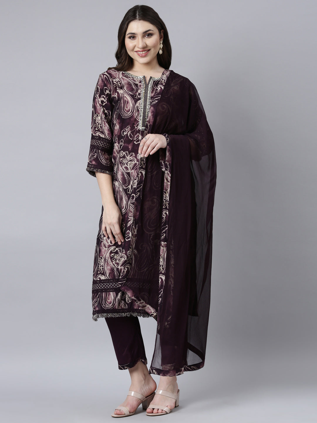 Neerus Purple Regular Straight Paisley Kurta And Trousers With Dupatta