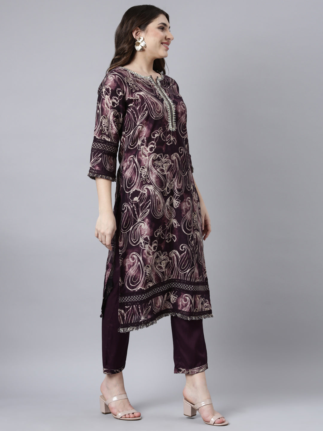 Neerus Purple Regular Straight Paisley Kurta And Trousers With Dupatta