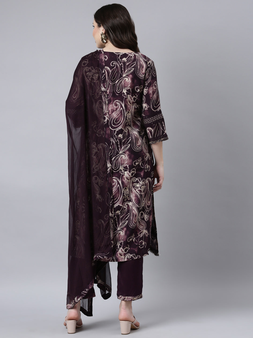 Neerus Purple Regular Straight Paisley Kurta And Trousers With Dupatta