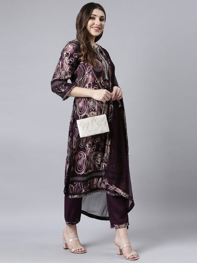 Neerus Purple Regular Straight Paisley Kurta And Trousers With Dupatta