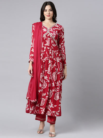 Neerus Magenta Pleated Straight Floral Kurta And Trousers With Dupatta