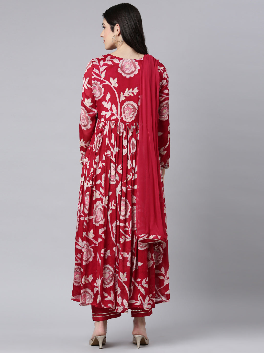 Neerus Magenta Pleated Straight Floral Kurta And Trousers With Dupatta