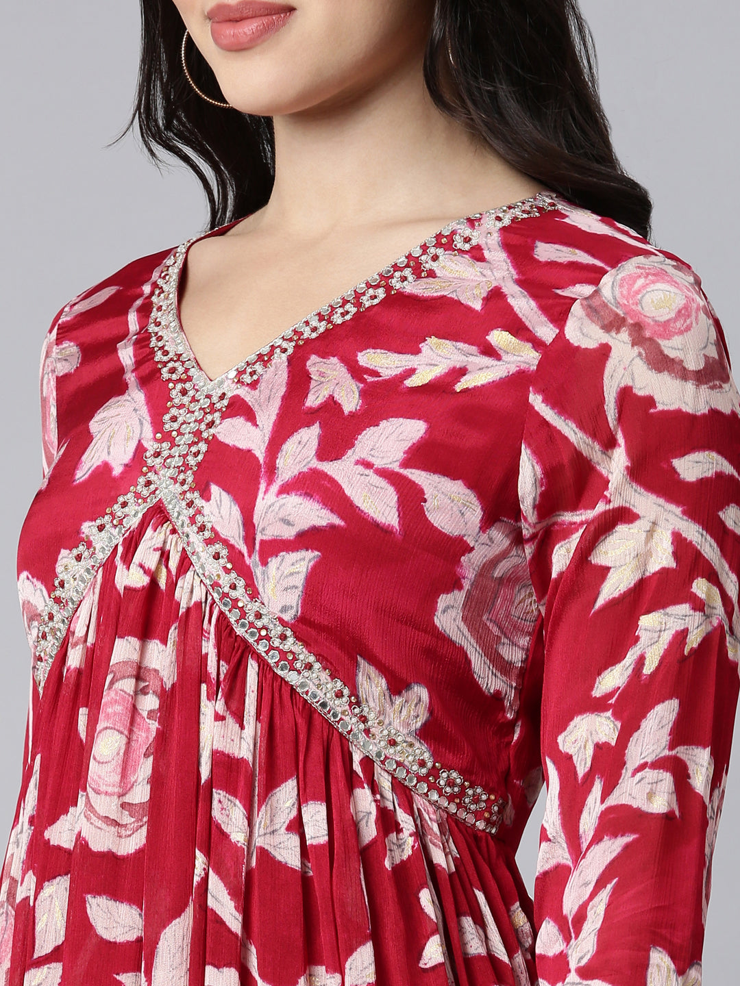 Neerus Magenta Pleated Straight Floral Kurta And Trousers With Dupatta