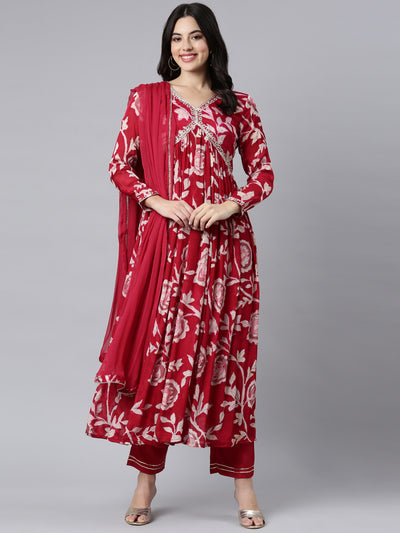 Neerus Magenta Pleated Straight Floral Kurta And Trousers With Dupatta