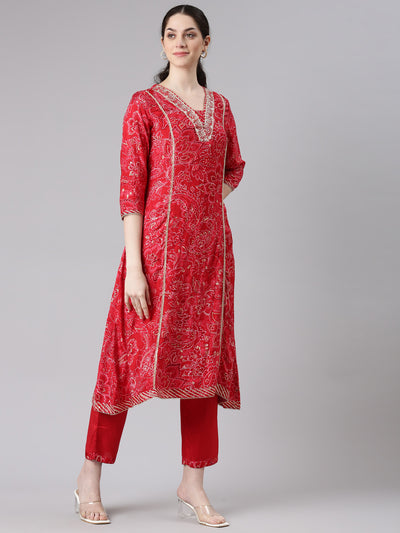 Neerus Women Red A-Line Kurta and Trousers With Dupatta