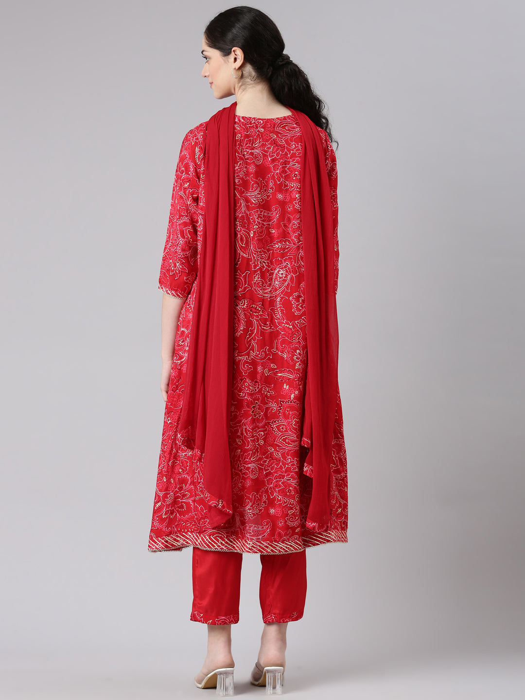 Neerus Women Red A-Line Kurta and Trousers With Dupatta