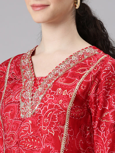 Neerus Women Red A-Line Kurta and Trousers With Dupatta