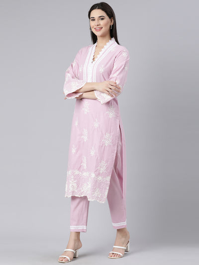 Neerus Pink Panelled Straight Yoke Design Kurta And Trousers With Dupatta