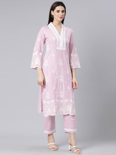 Neerus Pink Panelled Straight Yoke Design Kurta And Trousers With Dupatta