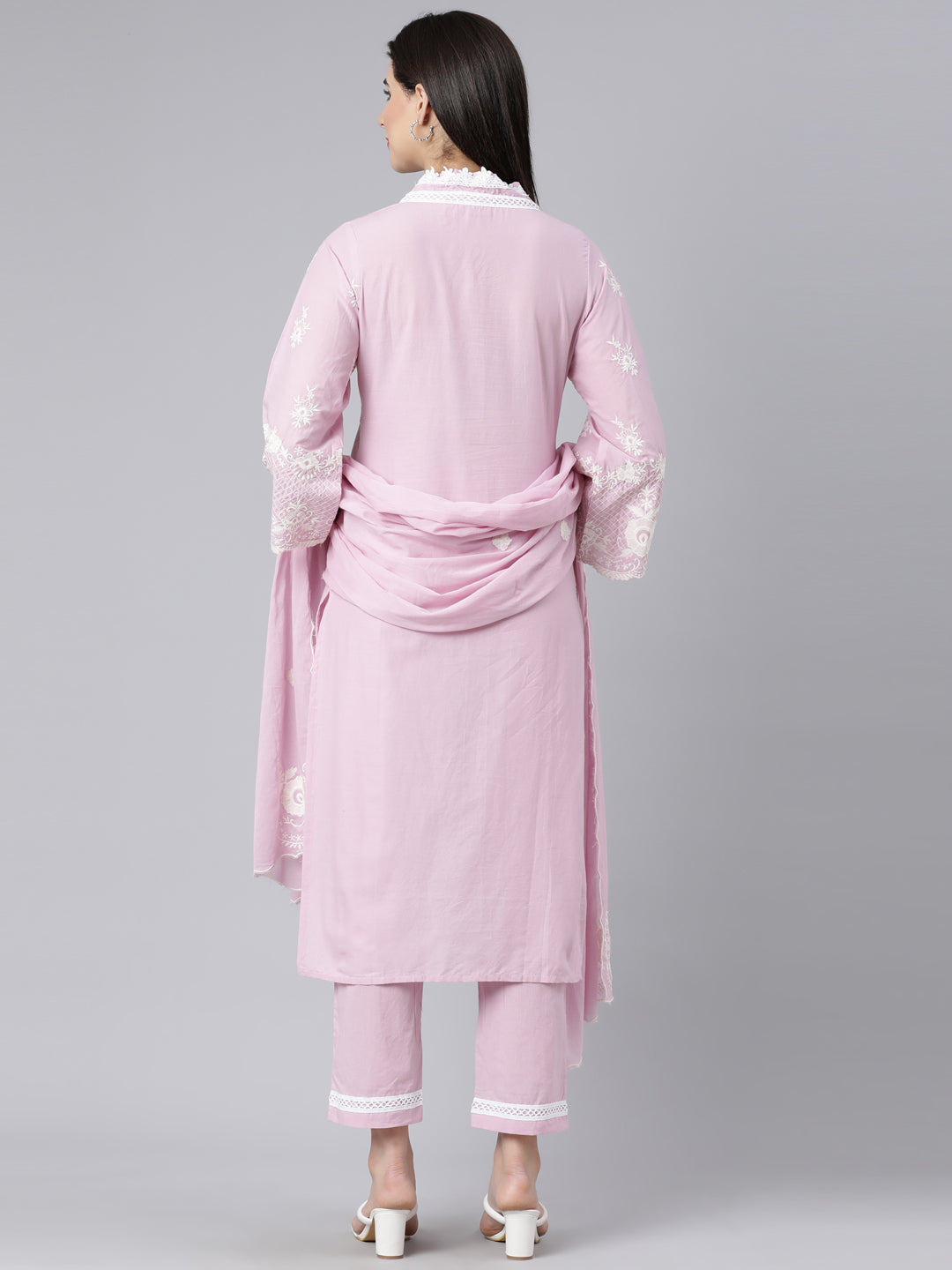 Neerus Pink Panelled Straight Yoke Design Kurta And Trousers With Dupatta