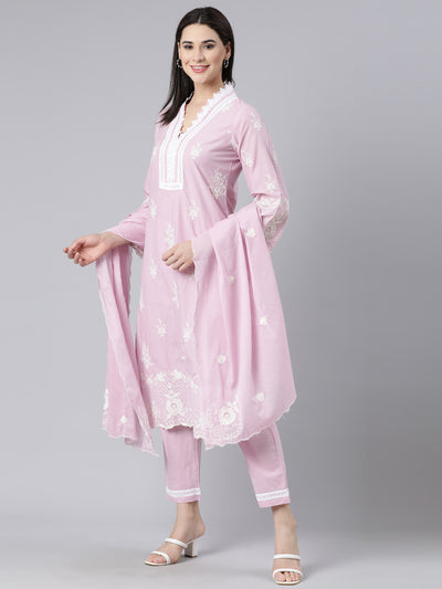 Neerus Pink Panelled Straight Yoke Design Kurta And Trousers With Dupatta