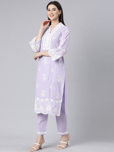 Neerus Lavender Panelled Straight Yoke Design Kurta And Trousers With Dupatta