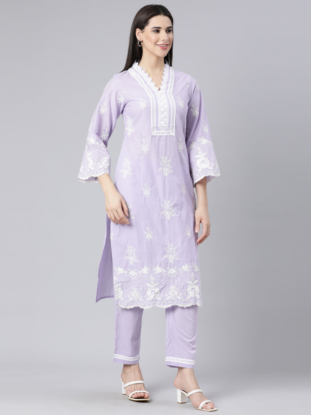 Neerus Lavender Panelled Straight Yoke Design Kurta And Trousers With Dupatta