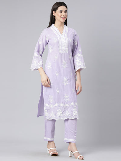 Neerus Lavender Panelled Straight Yoke Design Kurta And Trousers With Dupatta