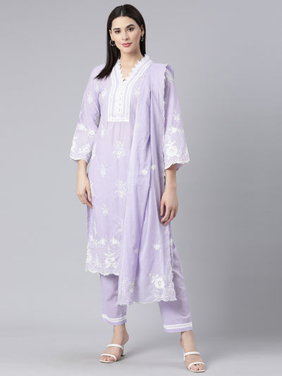 Neerus Lavender Panelled Straight Yoke Design Kurta And Trousers With Dupatta