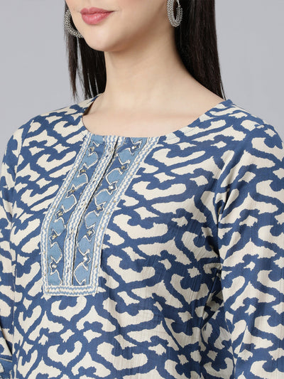 Neerus Blue Panelled Straight Printed Kurta And Trousers With Dupatta