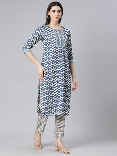 Neerus Blue Panelled Straight Printed Kurta And Trousers With Dupatta