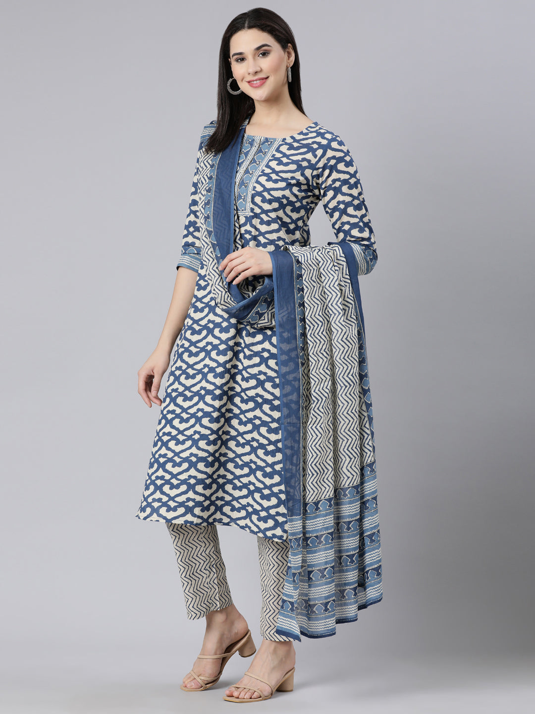 Neerus Blue Panelled Straight Printed Kurta And Trousers With Dupatta