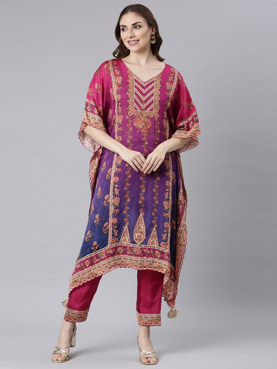 Neerus Multicolor Panelled Flared Floral Kurta And Trousers