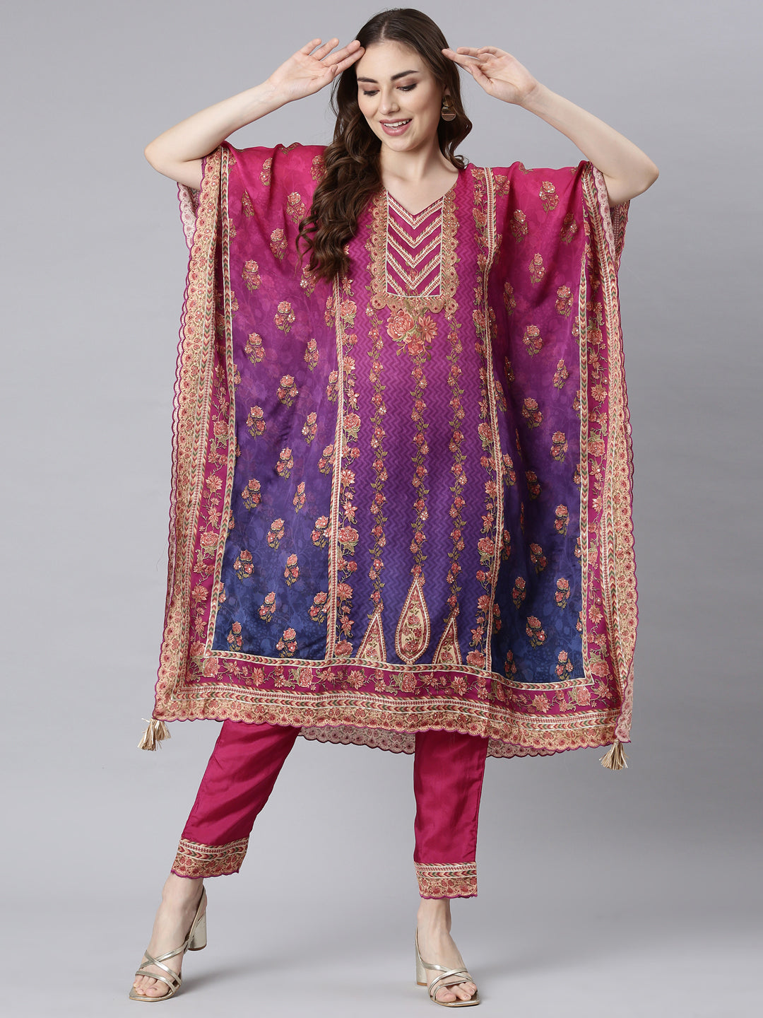 Neerus Multicolor Panelled Flared Floral Kurta And Trousers