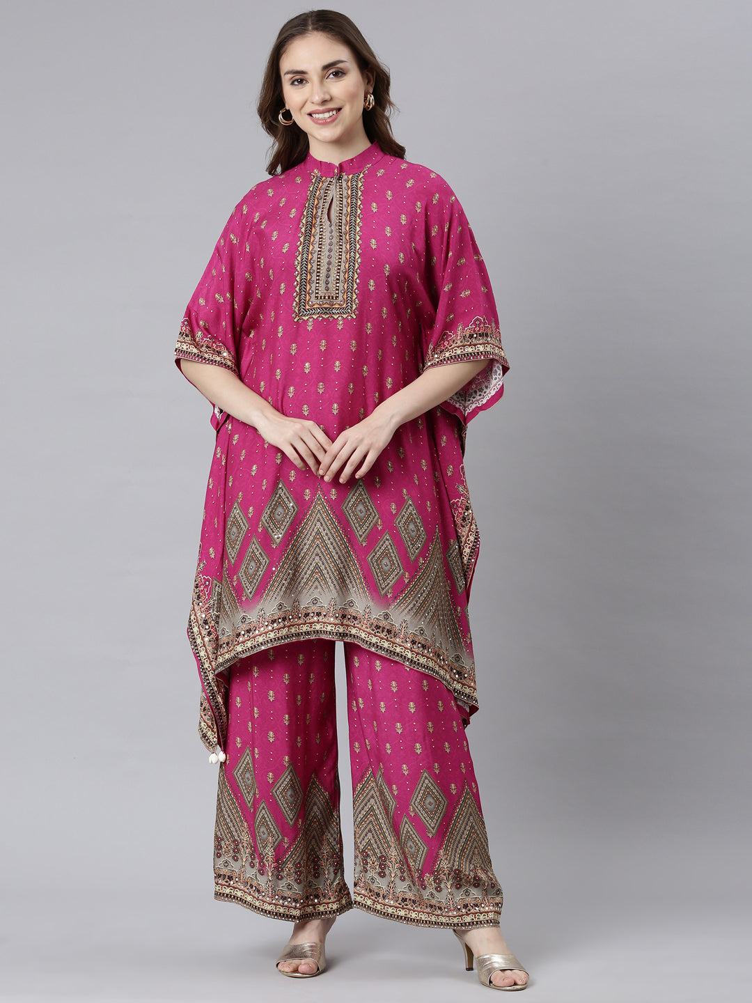 Neerus Magenta Panelled Straight Floral Kurta And Palazzos