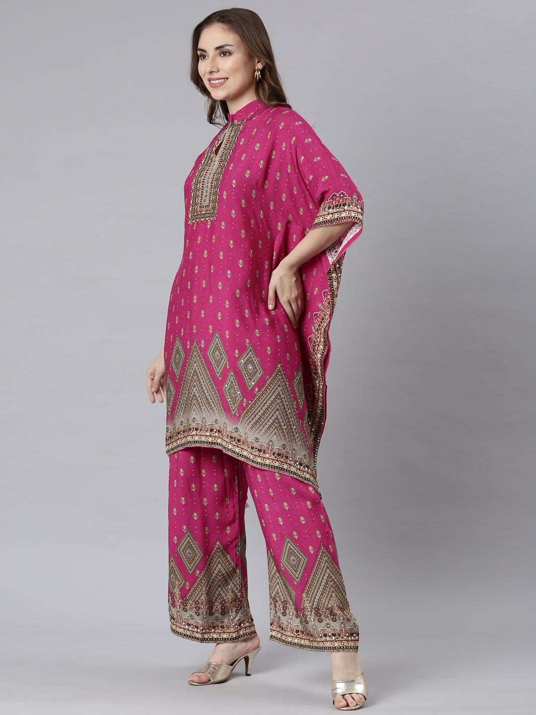 Neerus Magenta Panelled Straight Floral Kurta And Palazzos