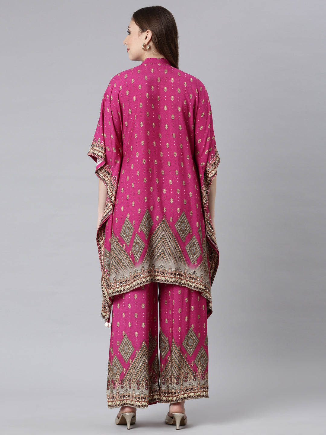 Neerus Magenta Panelled Straight Floral Kurta And Palazzos