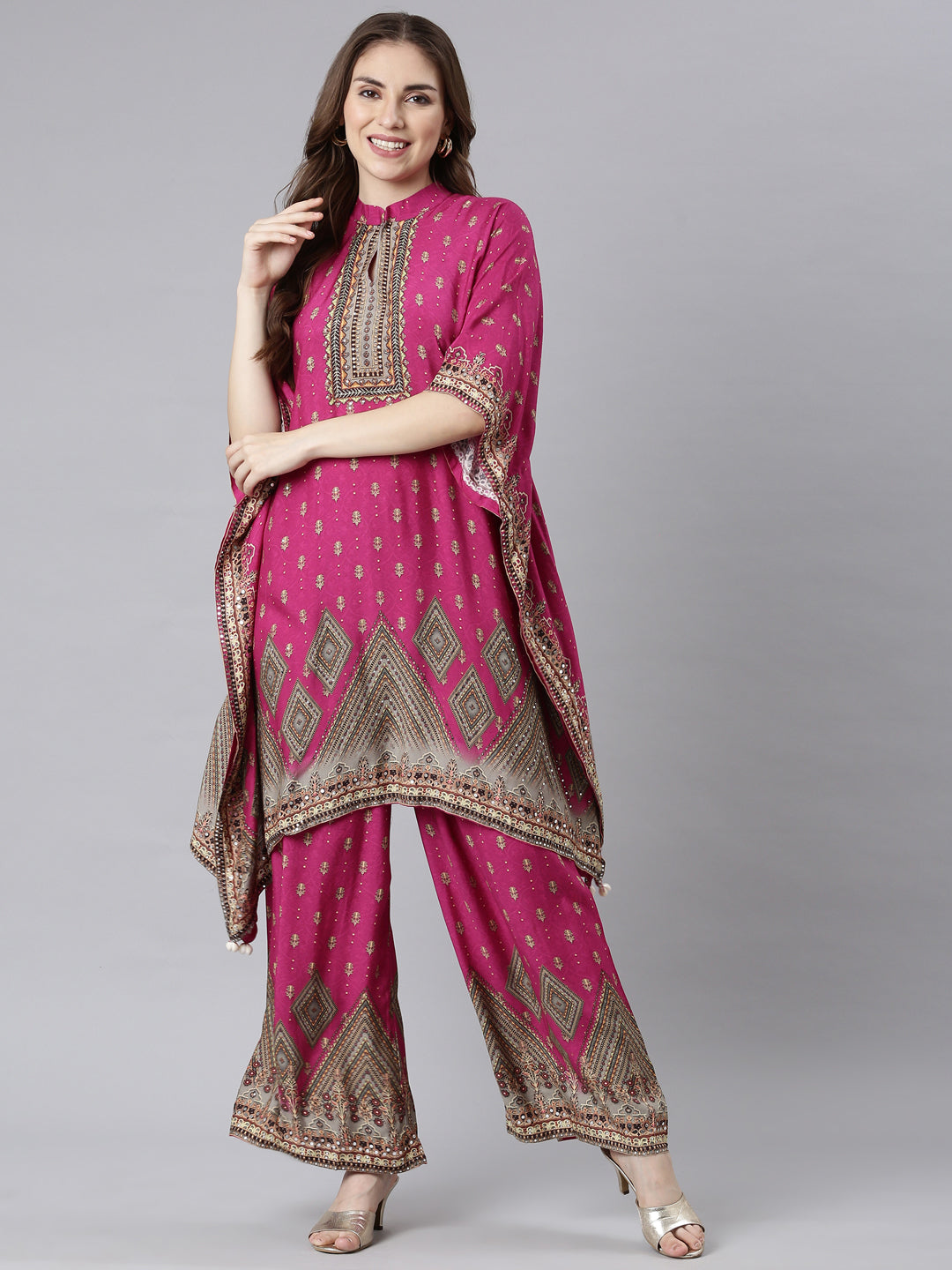 Neerus Magenta Panelled Straight Floral Kurta And Palazzos