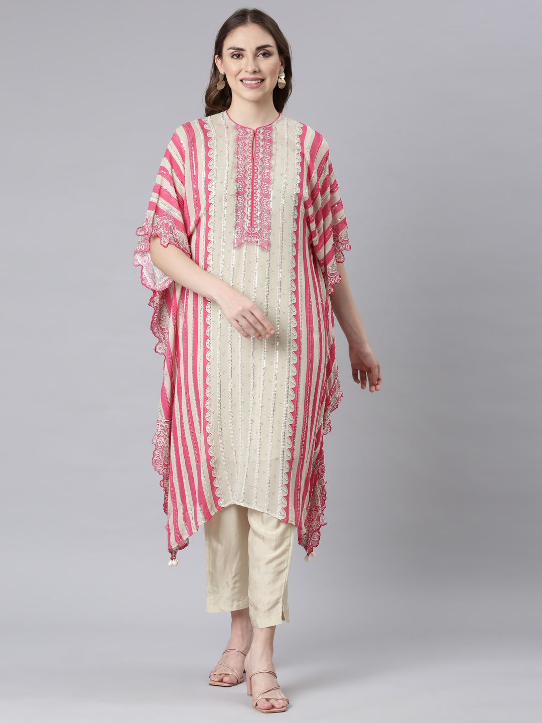 Neerus Cream Panelled Straight Solid Kurta And Trousers