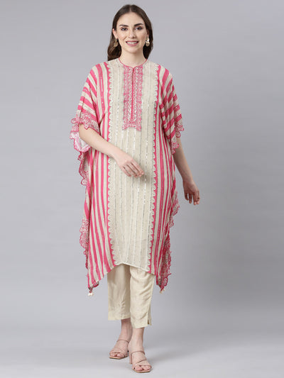 Neerus Cream Panelled Straight Solid Kurta And Trousers