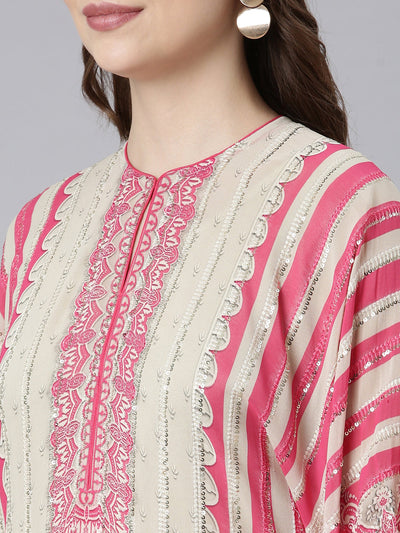 Neerus Cream Panelled Straight Solid Kurta And Trousers