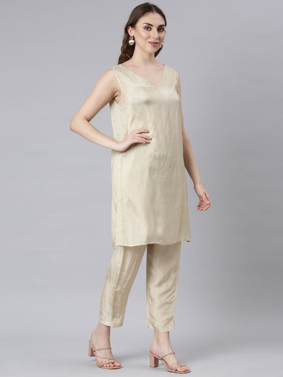 Neerus Cream Panelled Straight Solid Kurta And Trousers