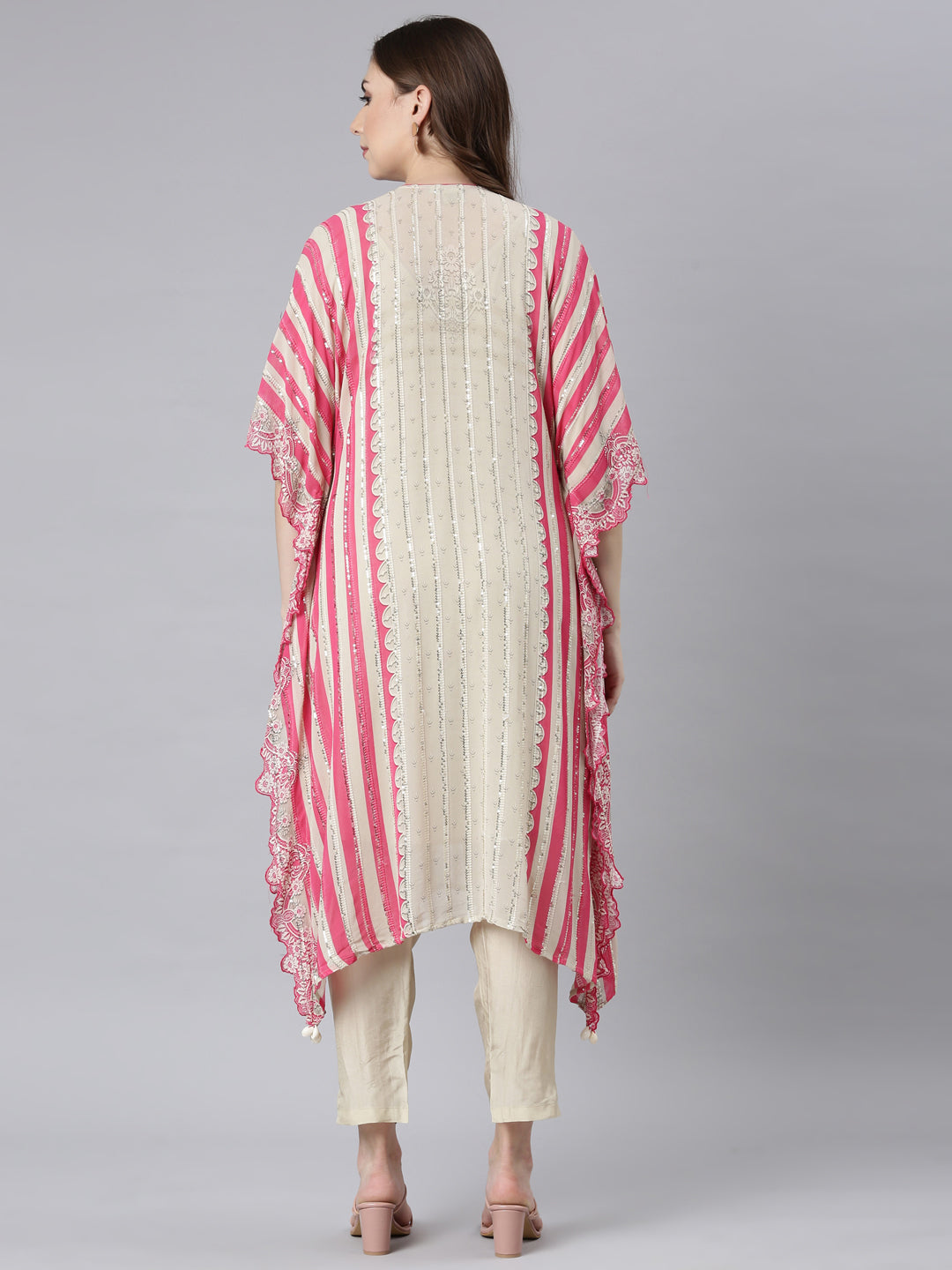 Neerus Cream Panelled Straight Solid Kurta And Trousers