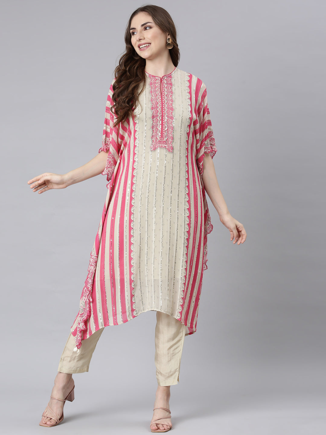 Neerus Cream Panelled Straight Solid Kurta And Trousers