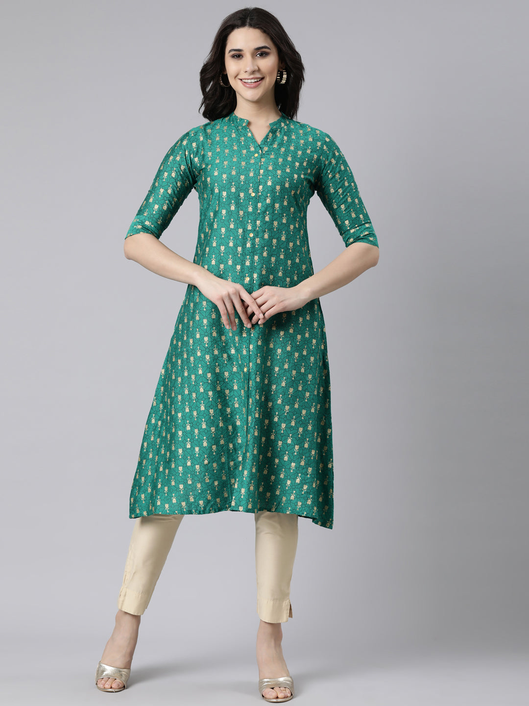 Neerus Green Regular Straight Woven Design Kurtas