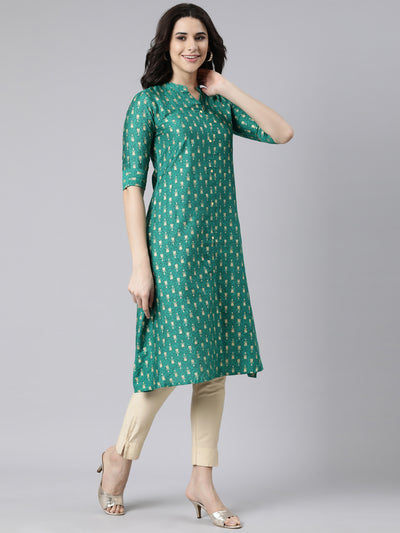 Neerus Green Regular Straight Woven Design Kurtas