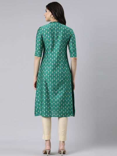 Neerus Green Regular Straight Woven Design Kurtas