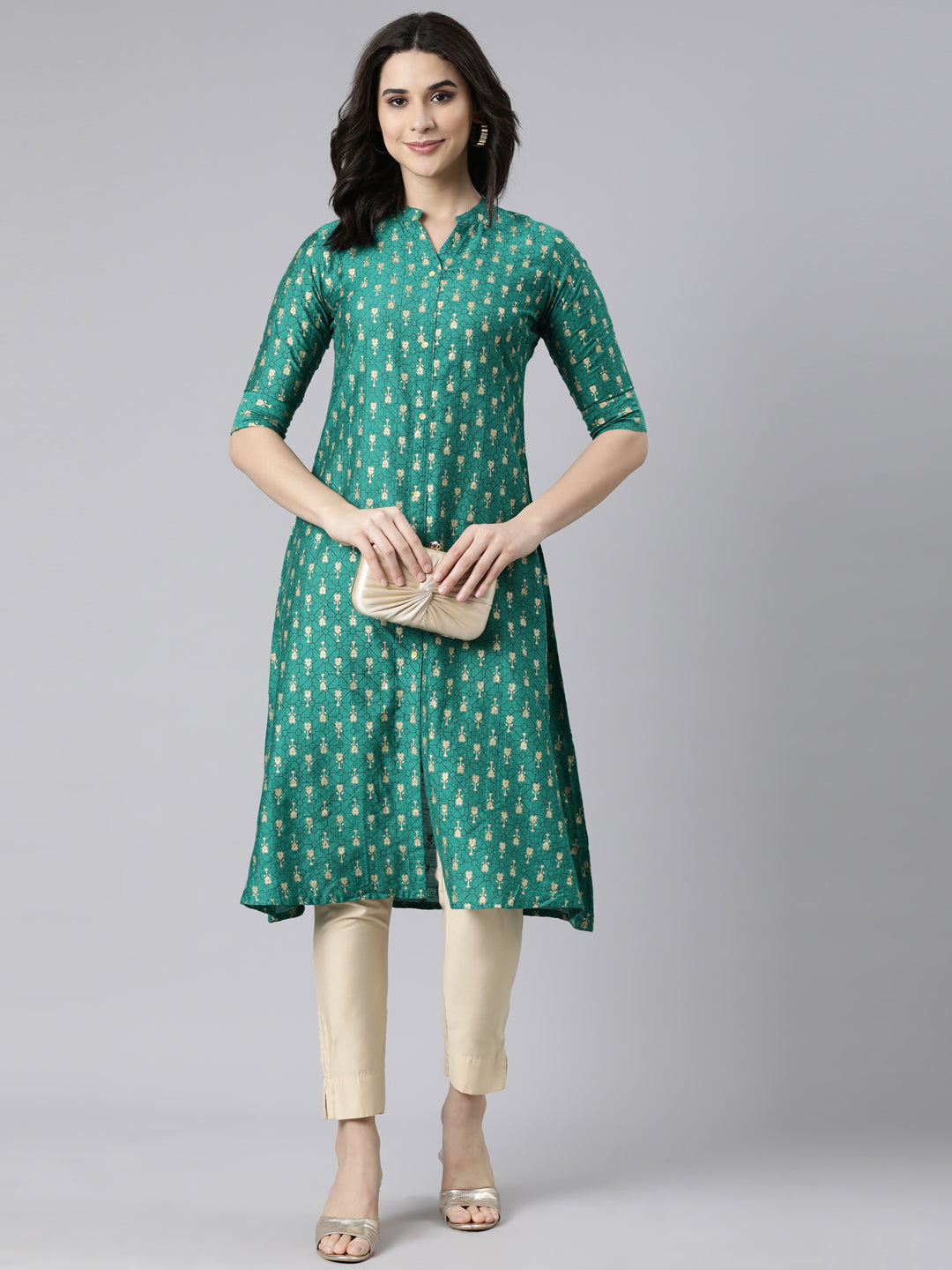 Neerus Green Regular Straight Woven Design Kurtas