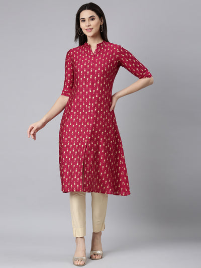 Neerus Pink Regular Straight Floral Kurtas