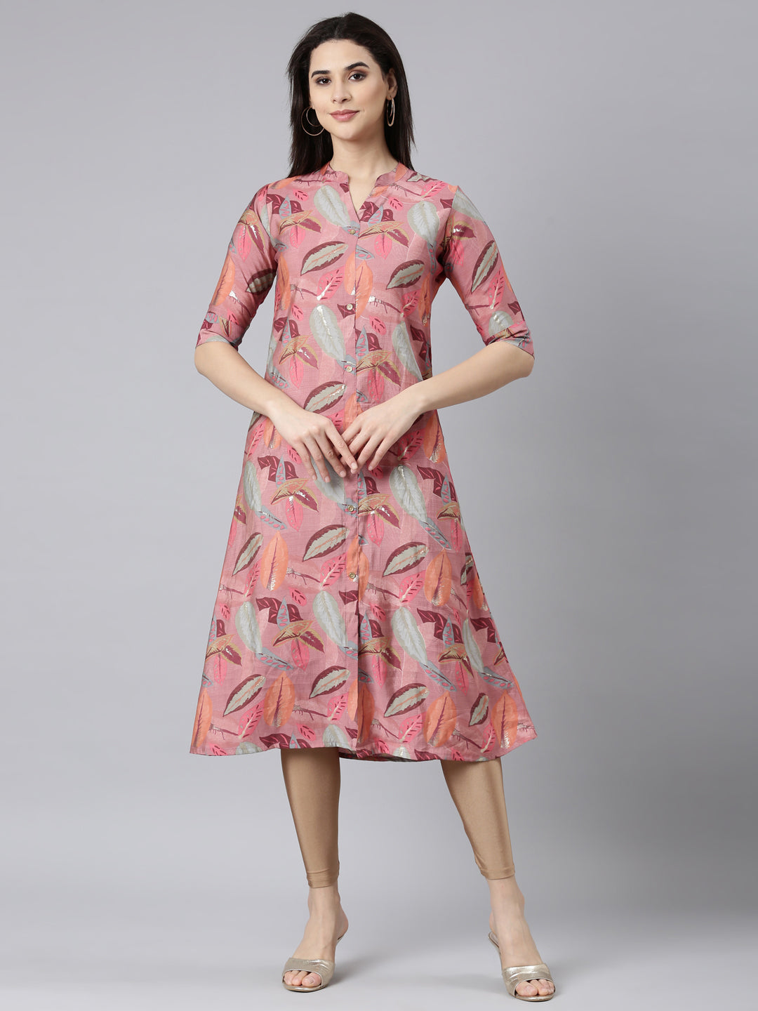 Neerus Pink Regular Straight Floral Kurtas