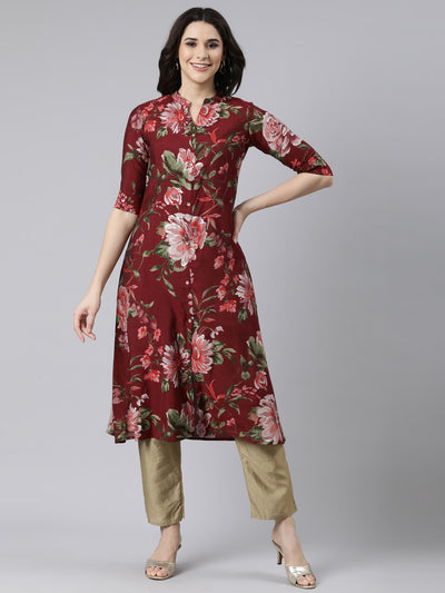 Neerus Maroon Regular Straight Floral Kurtas