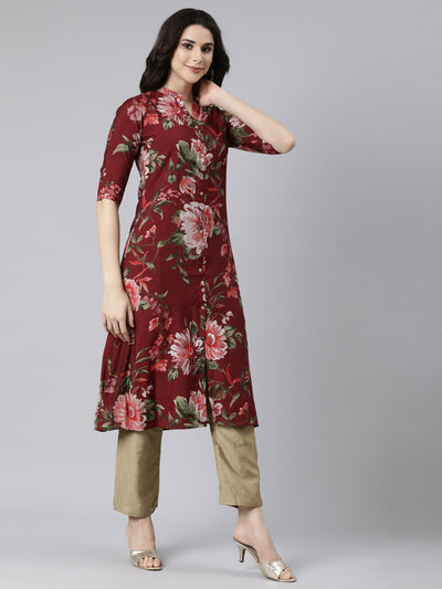 Neerus Maroon Regular Straight Floral Kurtas