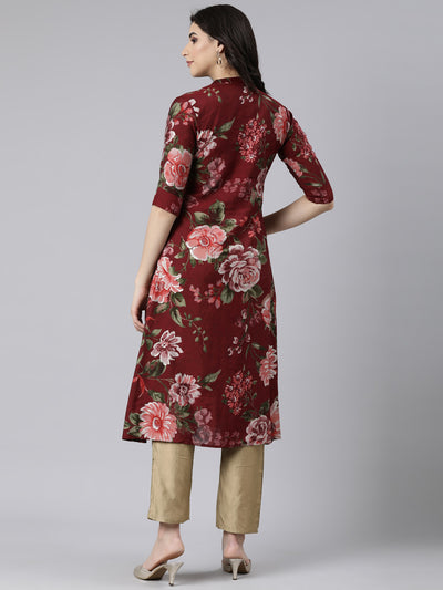 Neerus Maroon Regular Straight Floral Kurtas