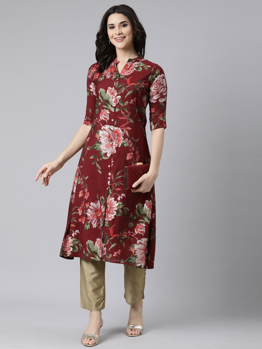 Neerus Maroon Regular Straight Floral Kurtas