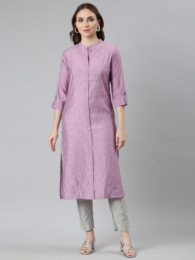 Neerus Lavender Panelled Straight Embellished Kurtas