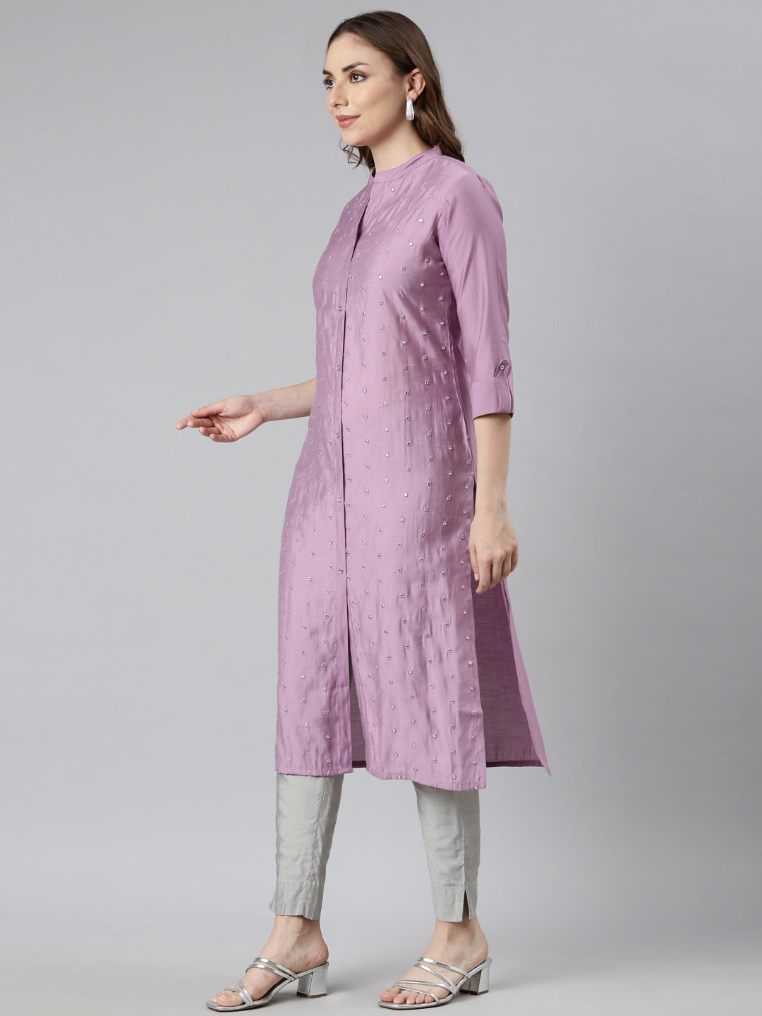 Neerus Lavender Panelled Straight Embellished Kurtas