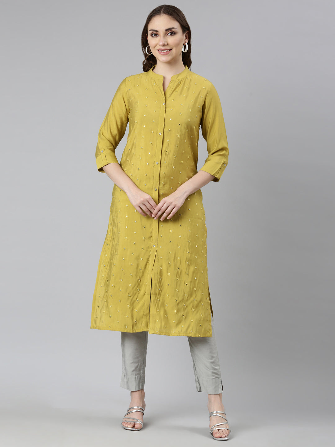 Neerus Green Panelled Straight Embellished Kurtas