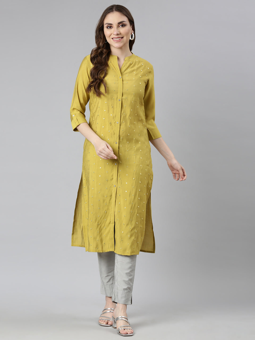 Neerus Green Panelled Straight Embellished Kurtas